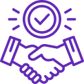 Purple handshake with checkmark symbolizing agreement or trust.