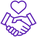 A purple handshake with a heart above symbolizing love and partnership.
