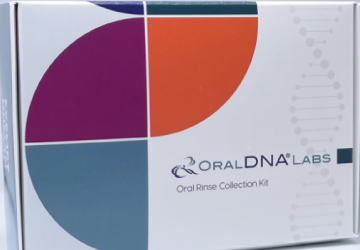OralDNA oral swab collection kit packaging in white with colorful geometric shapes.
