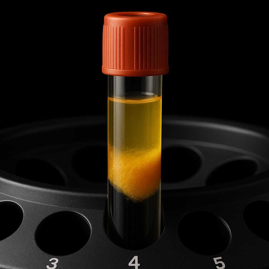 Blood sample tube with a yellowish serum layer and red cap.