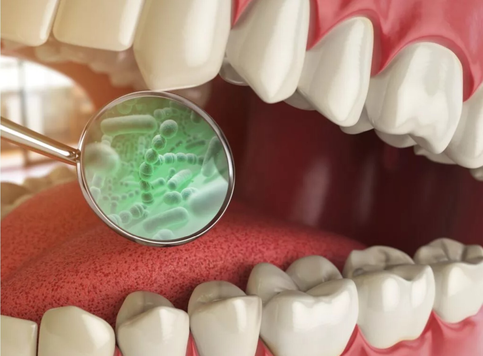 Dental mirror showing bacteria on teeth inside a mouth model.